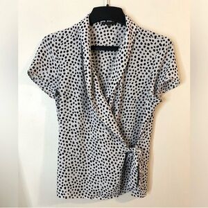 Adrianna Papell V-neck Black and White Polka Dot wrap  Blouse side tie medium